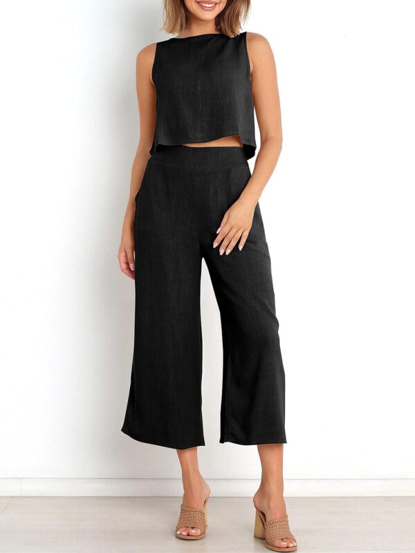 ANRABESS Women's Summer 2 Piece Outfits Sleeveless Crop Top Capri Wide Leg Pants Jumpsuit Linen Lounge Beach Travel Sets - Image 4