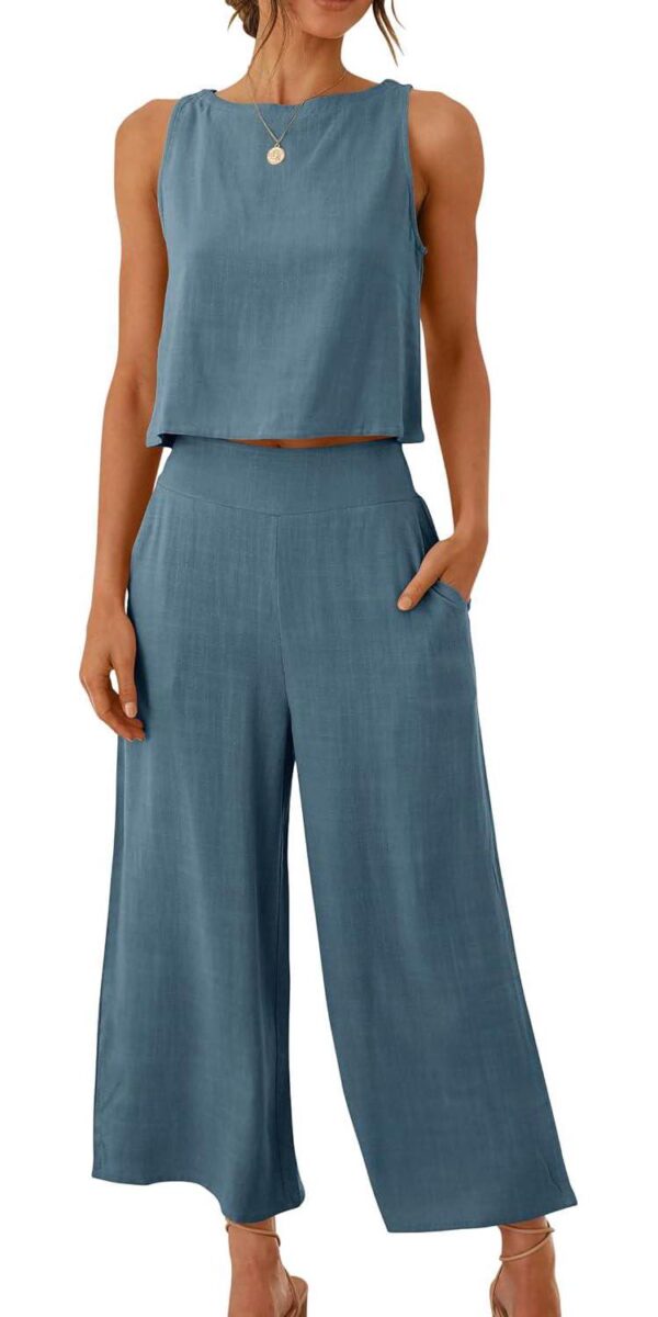ANRABESS Women's Summer 2 Piece Outfits Sleeveless Crop Top Capri Wide Leg Pants Jumpsuit Linen Lounge Beach Travel Sets
