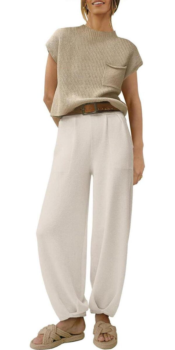 ANRABESS Women's Two Piece Outfits Knit Sweater Pullover Crop Top and Pants Lounge Matching Tracksuit Sweatsuit Sets