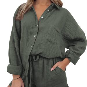AUTOMET 2 Piece Outfits For Women Lounge Sets Pajama Sets Long Sleeve Button Down Oversized Shirts And Shorts Fall Tracksuit