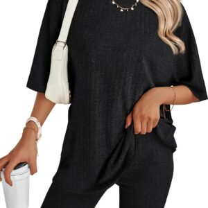 AUTOMET Women's Summer 2 Piece Outfits Lounge Sets Ribbed Knit Short Sleeve Loose Top and Bodycon Shorts Pajamas Set 2024
