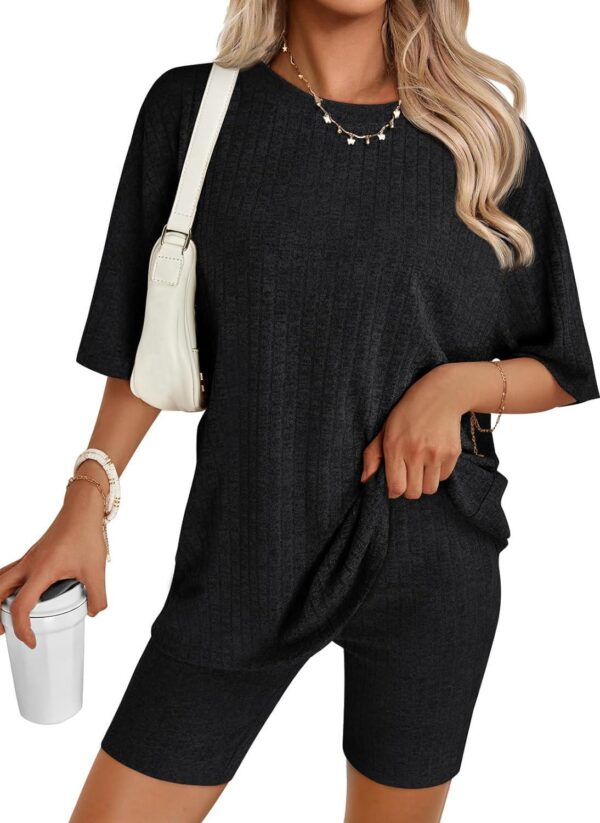 AUTOMET Women's Summer 2 Piece Outfits Lounge Sets Ribbed Knit Short Sleeve Loose Top and Bodycon Shorts Pajamas Set 2024