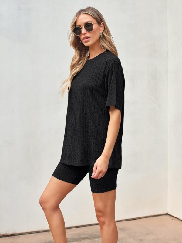 AUTOMET Women's Summer 2 Piece Outfits Lounge Sets Ribbed Knit Short Sleeve Loose Top and Bodycon Shorts Pajamas Set 2024 - Image 3