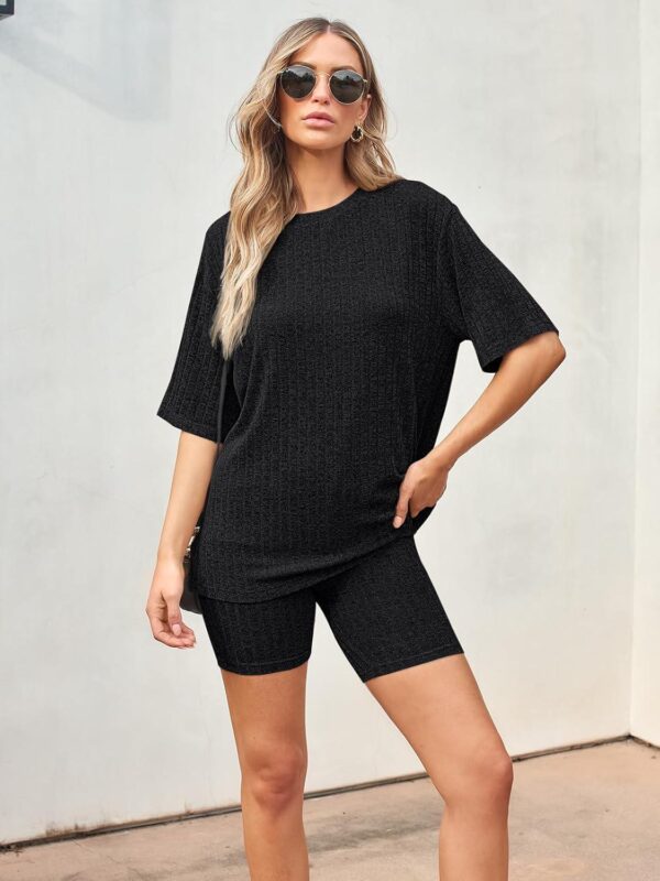 AUTOMET Women's Summer 2 Piece Outfits Lounge Sets Ribbed Knit Short Sleeve Loose Top and Bodycon Shorts Pajamas Set 2024 - Image 2