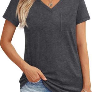 AUTOMET Womens T Shirts Short Sleeve V Neck Tops with Pockets Summer Fashion Trendy Soft Casual Comfy Outfits Clothes 2024