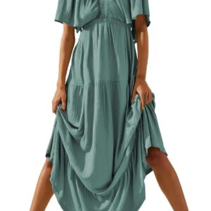 Acelitt Women Casual V Neck Short Sleeve Tiered Long Maxi Dress,S-XXL
