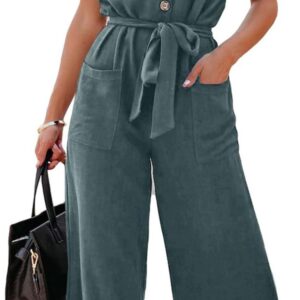 Acelitt Women Casual V Neck Short Sleeve Button Belted Wide Leg Jumpsuits,S-XXL