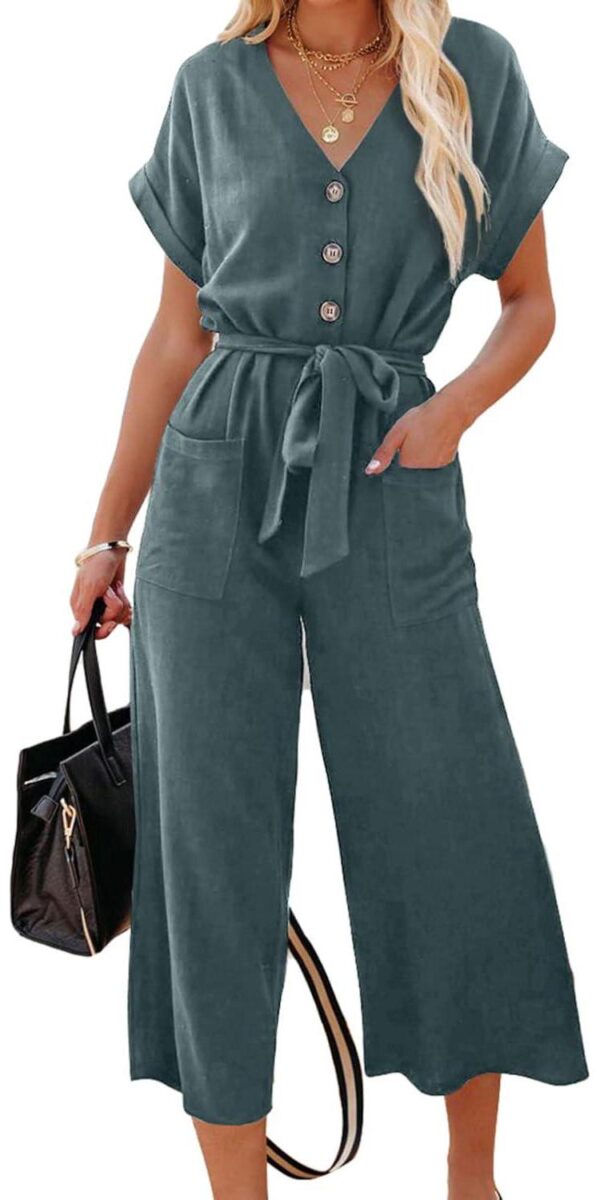 Acelitt Women Casual V Neck Short Sleeve Button Belted Wide Leg Jumpsuits,S-XXL