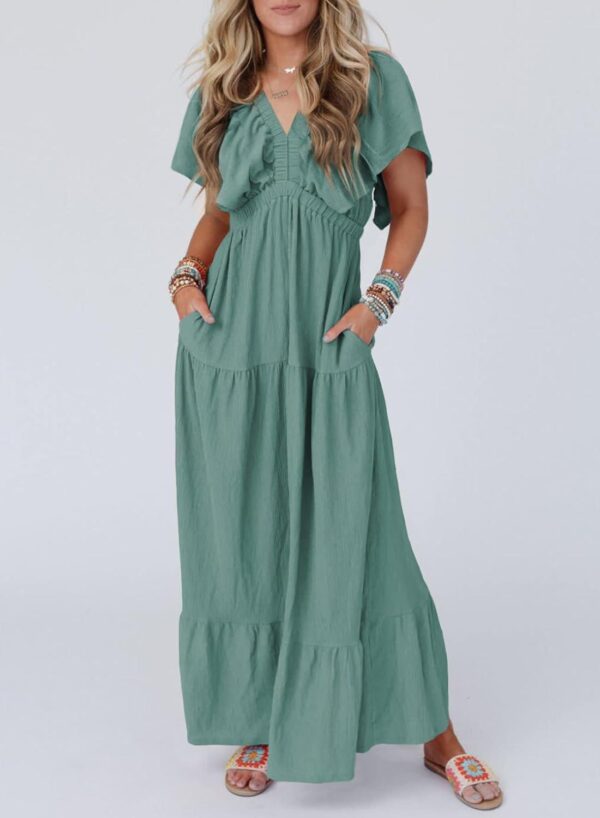 Acelitt Women Casual V Neck Short Sleeve Tiered Long Maxi Dress,S-XXL - Image 2