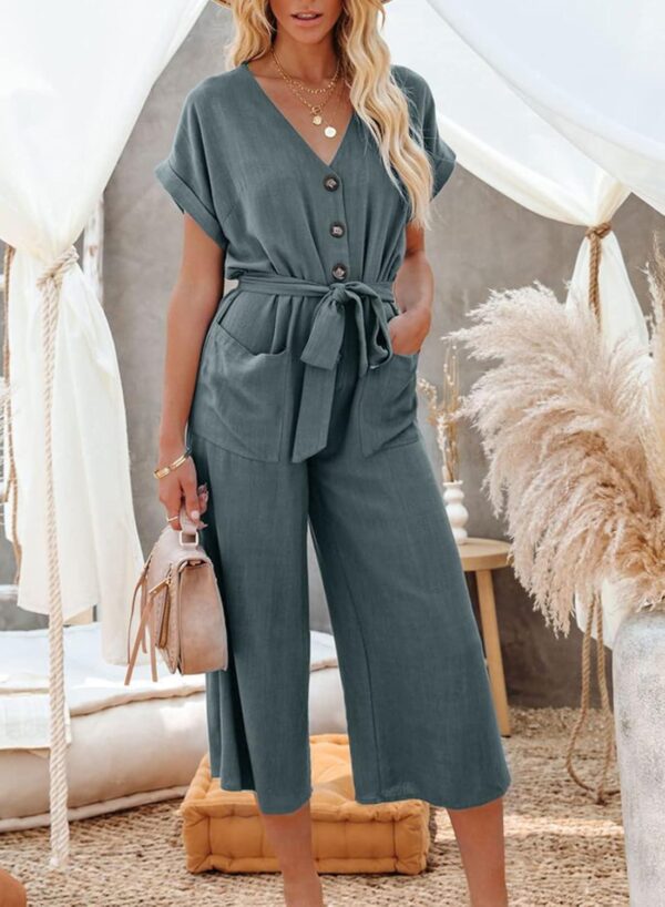 Acelitt Women Casual V Neck Short Sleeve Button Belted Wide Leg Jumpsuits,S-XXL - Image 4