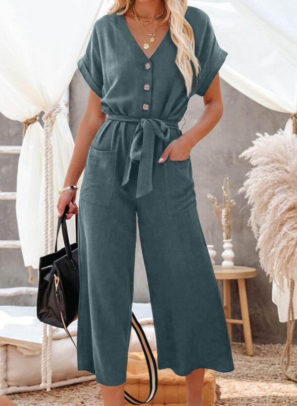 Acelitt Women Casual V Neck Short Sleeve Button Belted Wide Leg Jumpsuits,S-XXL - Image 2