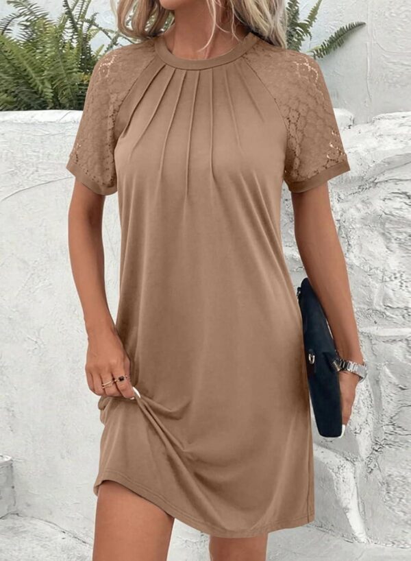 Acelitt Women Casual Summer Crewneck Short Sleeve Lace Pleated Mini Dress,S-XXL - Image 4