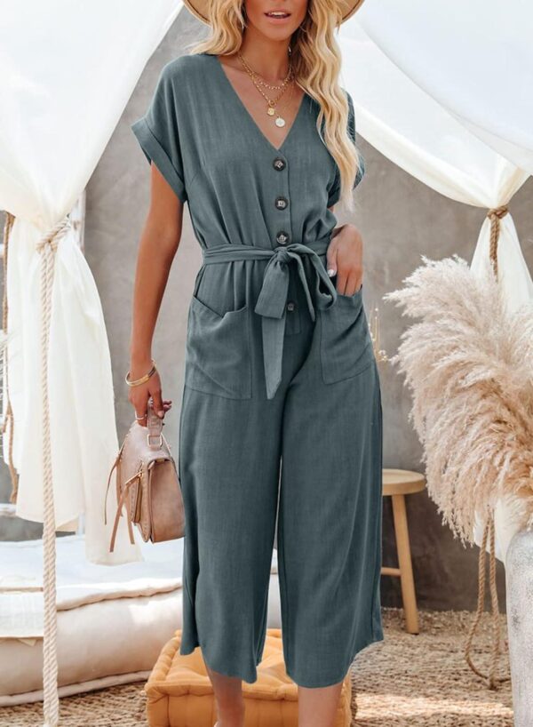 Acelitt Women Casual V Neck Short Sleeve Button Belted Wide Leg Jumpsuits,S-XXL - Image 3