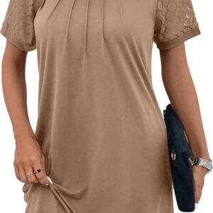 Acelitt Women Casual Summer Crewneck Short Sleeve Lace Pleated Mini Dress,S-XXL