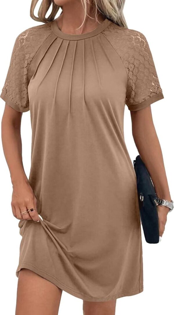 Acelitt Women Casual Summer Crewneck Short Sleeve Lace Pleated Mini Dress,S-XXL