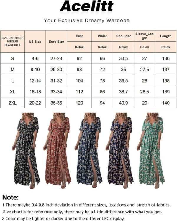 Acelitt Womens Casual Short Sleeve V Neck Smocked Waist Boho Floral Ruffle Split Maxi Dress, S-XXL - Image 3