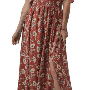 Acelitt Womens Casual Short Sleeve V Neck Smocked Waist Boho Floral Ruffle Split Maxi Dress, S-XXL