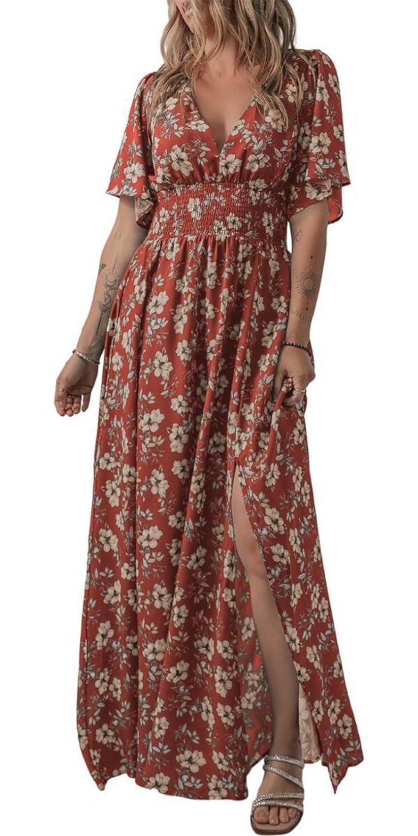 Acelitt Womens Casual Short Sleeve V Neck Smocked Waist Boho Floral Ruffle Split Maxi Dress, S-XXL