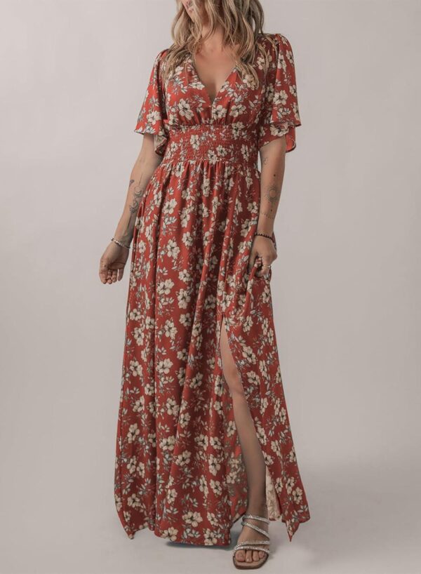 Acelitt Womens Casual Short Sleeve V Neck Smocked Waist Boho Floral Ruffle Split Maxi Dress, S-XXL - Image 2