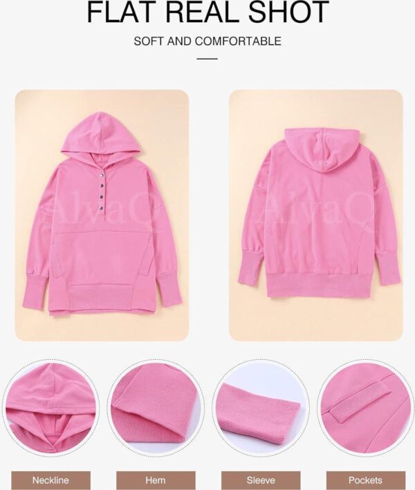 AlvaQ Women Casual Button V Neck Hoodies Oversized Pullover Sweatshirt Hooded Tops with Pockets - Image 5
