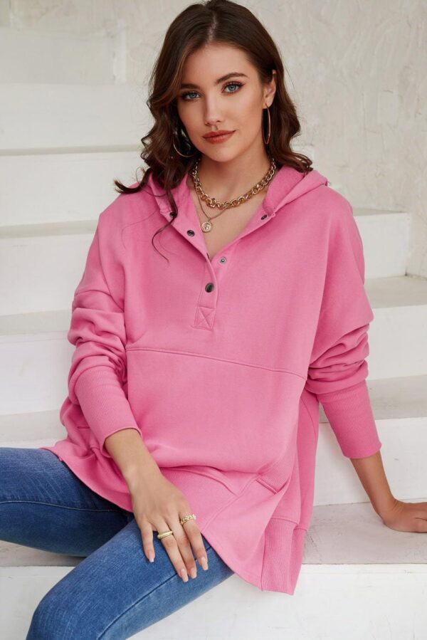 AlvaQ Women Casual Button V Neck Hoodies Oversized Pullover Sweatshirt Hooded Tops with Pockets - Image 3