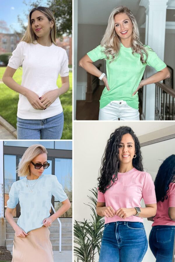 Arach&Cloz Womens Summer Tops 2024 Lightweight Short Sleeve Dressy Blouse Shirts Crew Neck Knit Fashion Sweaters - Image 3