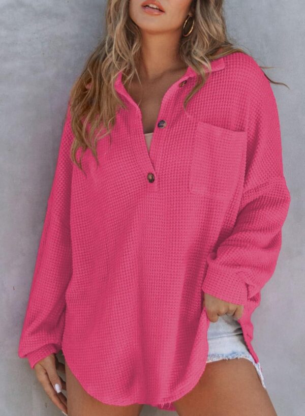 Astylish Women Waffle Knit Top Henley Shirts Long Sleeve V Neck Solid Color Casual Tunics - Image 2
