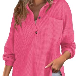 Astylish Women Waffle Knit Top Henley Shirts Long Sleeve V Neck Solid Color Casual Tunics