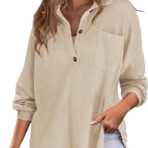 Astylish Women Waffle Knit Top Henley Shirts Long Sleeve V Neck Solid Color Casual Tunics