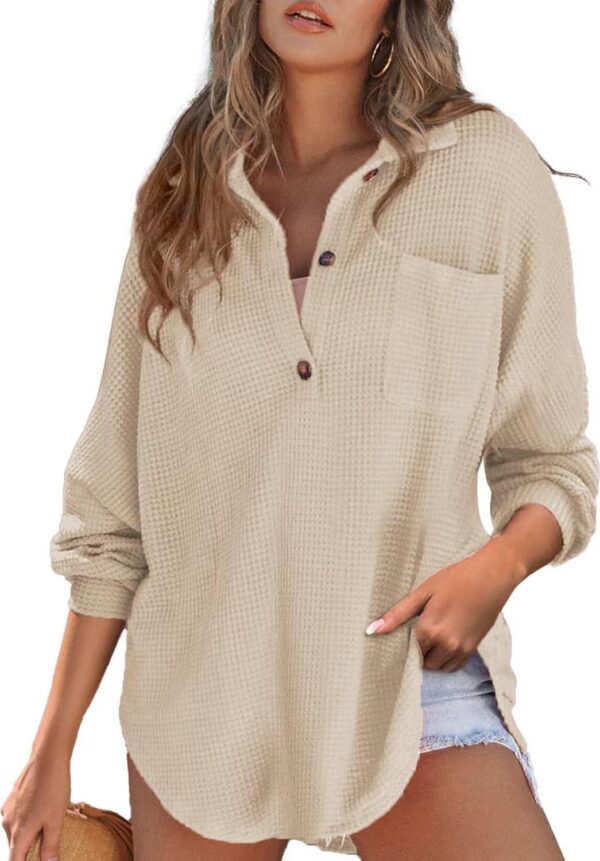 Astylish Women Waffle Knit Top Henley Shirts Long Sleeve V Neck Solid Color Casual Tunics