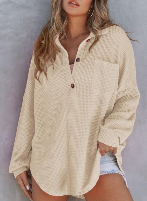 Astylish Women Waffle Knit Top Henley Shirts Long Sleeve V Neck Solid Color Casual Tunics - Image 2