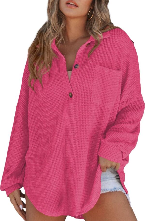 Astylish Women Waffle Knit Top Henley Shirts Long Sleeve V Neck Solid Color Casual Tunics - Image 3