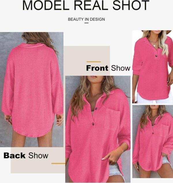 Astylish Women Waffle Knit Top Henley Shirts Long Sleeve V Neck Solid Color Casual Tunics - Image 5