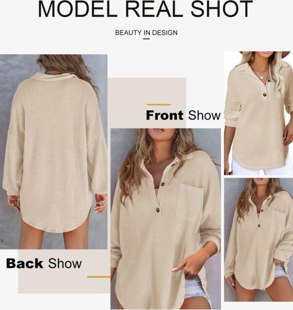 Astylish Women Waffle Knit Top Henley Shirts Long Sleeve V Neck Solid Color Casual Tunics - Image 5