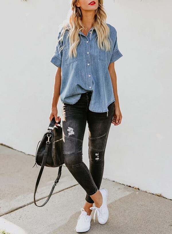 Astylish Womens Button Down Shirts V Neck Loose Casual Shirt - Image 3