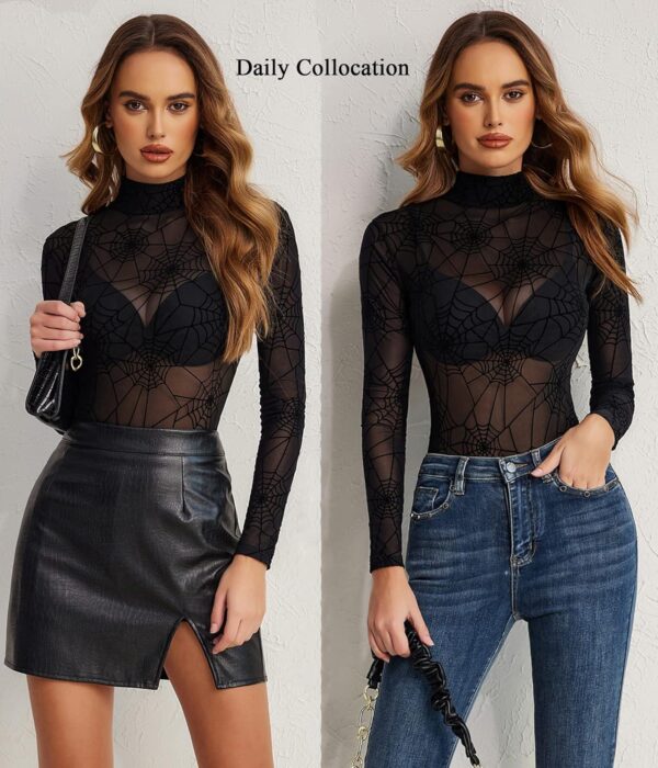 Avidlove Long Sleeve Bodysuit for Women Turtleneck Sheer Mesh Bodysuit Geo Print Leotards - Image 4