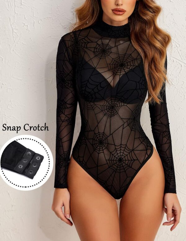 Avidlove Long Sleeve Bodysuit for Women Turtleneck Sheer Mesh Bodysuit Geo Print Leotards - Image 2