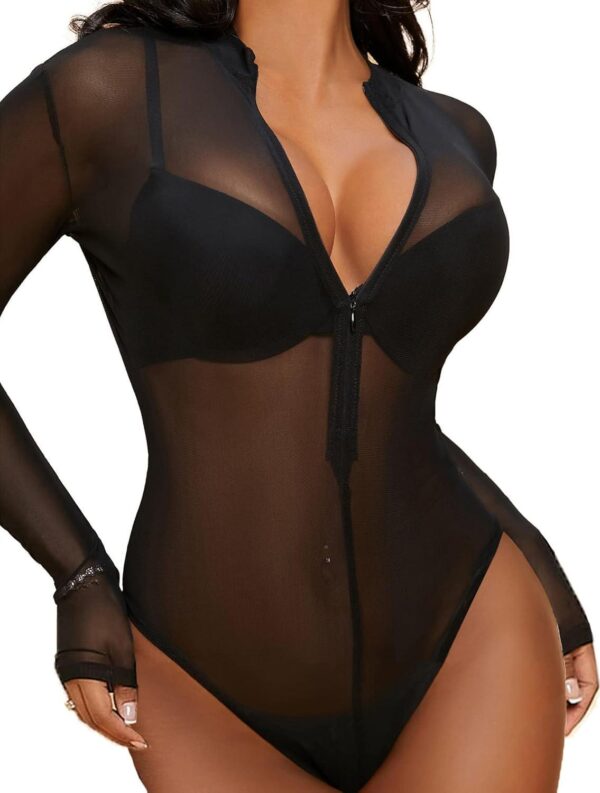 Avidlove Womens Mesh Bodysuit Long Sleeve Snap Crotch Bodysuit See Through Zipper Sheer Leotards Sexy Bodysuit Tops