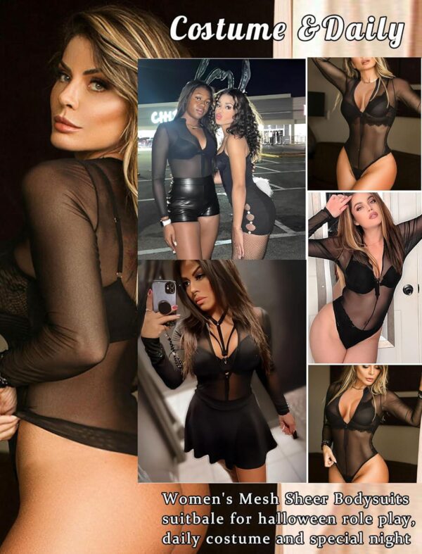 Avidlove Womens Mesh Bodysuit Long Sleeve Snap Crotch Bodysuit See Through Zipper Sheer Leotards Sexy Bodysuit Tops - Image 5