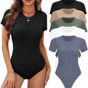 BALENNZ Women's 4/5 Pack Short Sleeve Round Neck Bodysuit Tops Crew Neck Basic Casual Tshirt Bodysuits