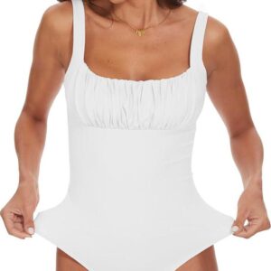 BEJONS Women's Sexy Square Neck Ruched Bodysuit Sleeveless Double Lined Tank Tops