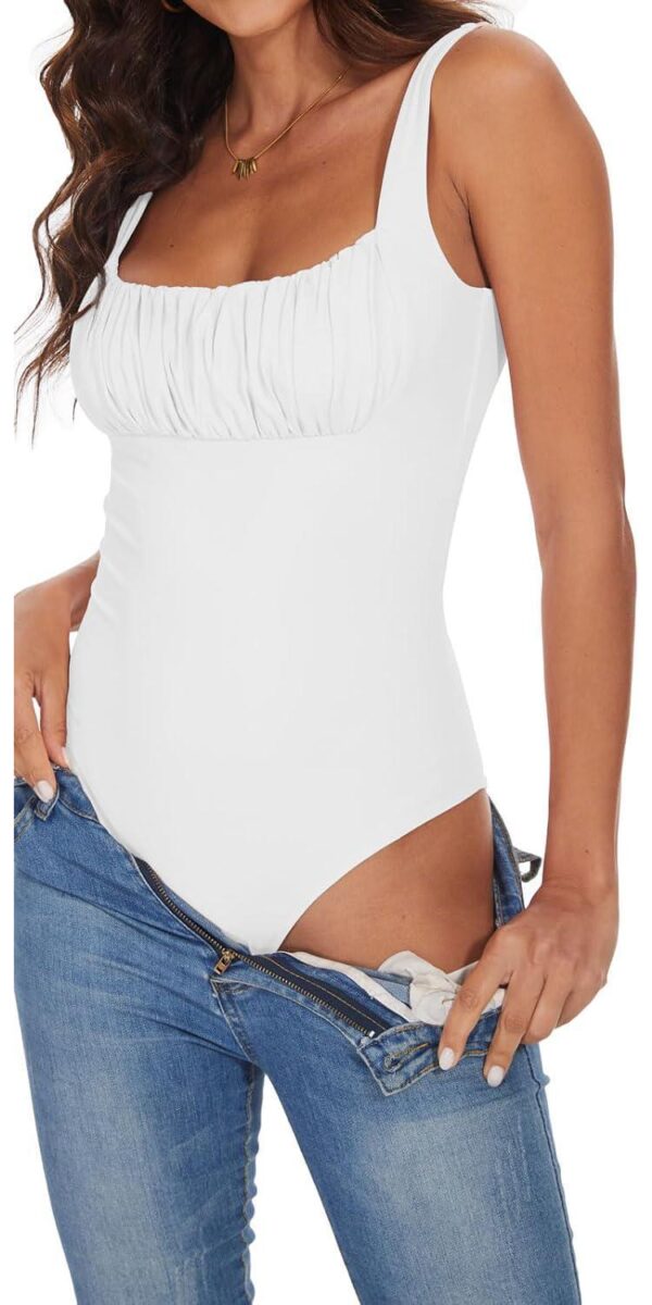 BEJONS Women's Sexy Square Neck Ruched Bodysuit Sleeveless Double Lined Tank Tops - Image 5