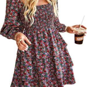 BTFBM Women Square Neck Smocked Dresses 2024 Summer Spring Long Sleeve Floral Swiss Dot Ruffle Party Mini Babydoll Dress