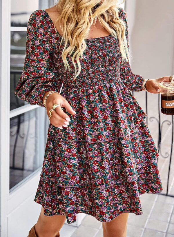 BTFBM Women Square Neck Smocked Dresses 2024 Summer Spring Long Sleeve Floral Swiss Dot Ruffle Party Mini Babydoll Dress - Image 3