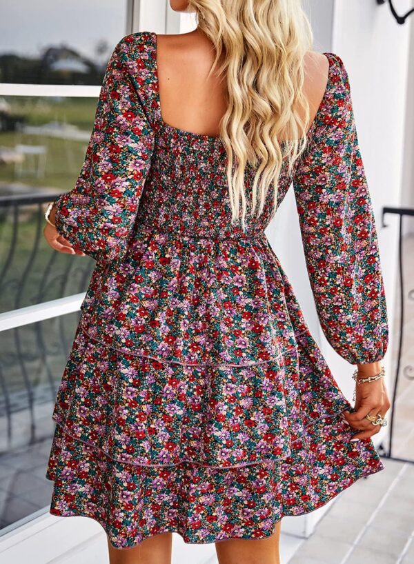 BTFBM Women Square Neck Smocked Dresses 2024 Summer Spring Long Sleeve Floral Swiss Dot Ruffle Party Mini Babydoll Dress - Image 5