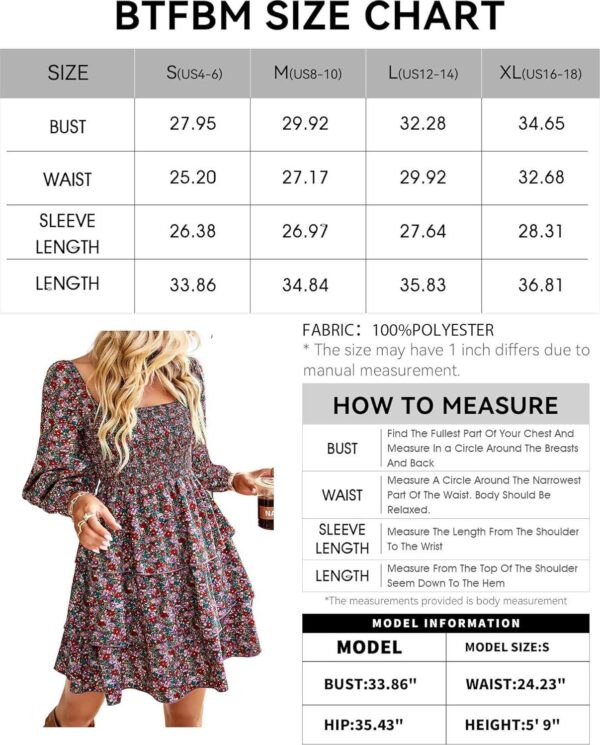 BTFBM Women Square Neck Smocked Dresses 2024 Summer Spring Long Sleeve Floral Swiss Dot Ruffle Party Mini Babydoll Dress - Image 6