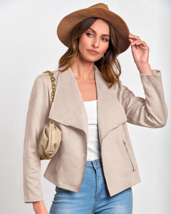 BTFBM Women's Fashion Faux Suede Jackets 2024 Spring Summer Clothes Lapel Long Sleeve Open Front Outerwear Cropped Coats - Image 3