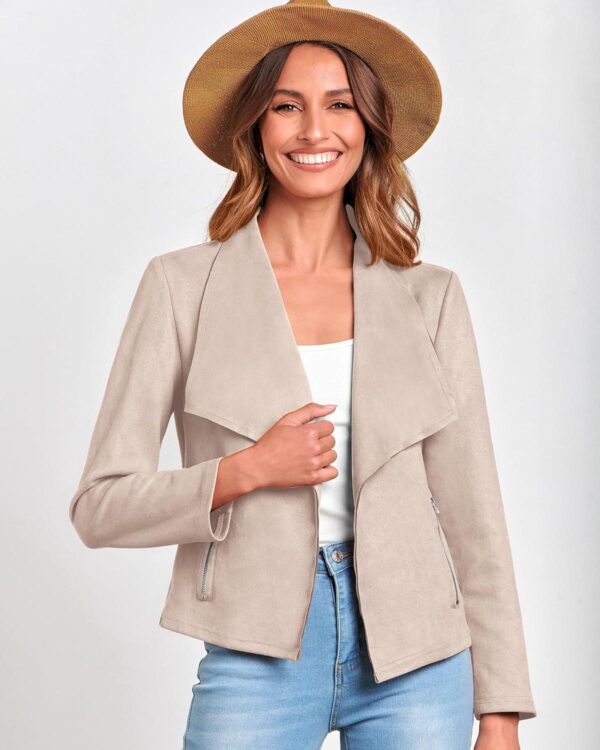 BTFBM Women's Fashion Faux Suede Jackets 2024 Spring Summer Clothes Lapel Long Sleeve Open Front Outerwear Cropped Coats - Image 4