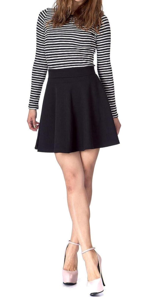 Basic Solid Stretchy Cotton High Waist A-line Flared Casual Skater Mini Skirt - Image 3