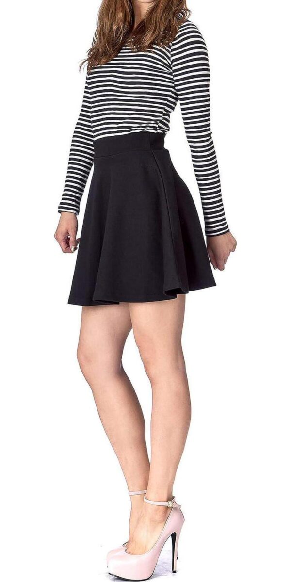 Basic Solid Stretchy Cotton High Waist A-line Flared Casual Skater Mini Skirt - Image 4